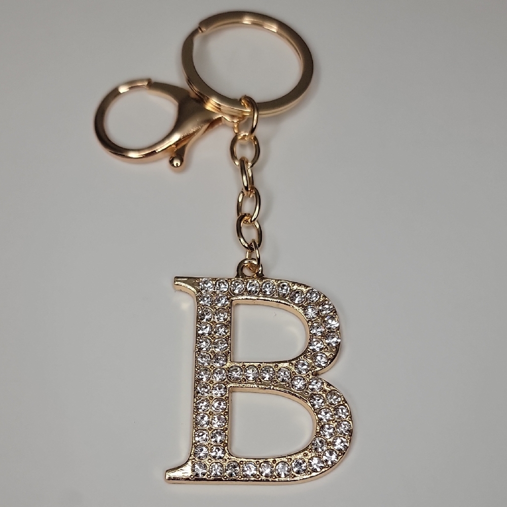 Letter B Initial B Alphabet B Rhinestone Gold Key Chain Bag Charm